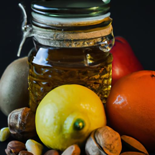 Một bức ảnh hấp dẫn với một lọ mật ong vàng óng ngon lành, được bao quanh bởi các loại trái cây tươi ngon và hạt điều.