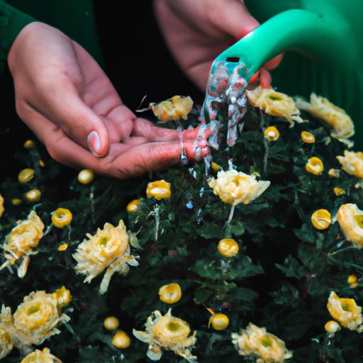 Bức ảnh gần cận thể hiện đôi bàn tay nhẹ nhàng tưới nước cho một cây Cúc la mã (Chrysanthemum morifolium) khỏe mạnh.